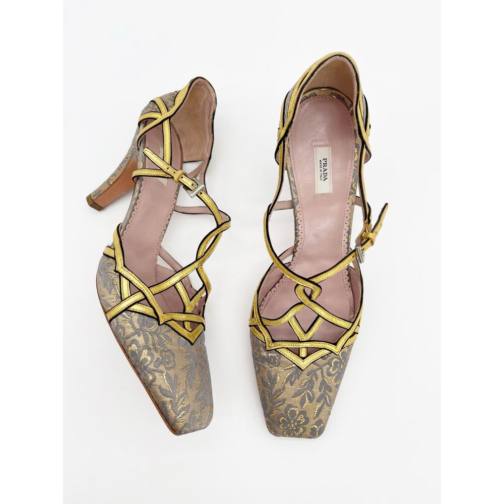 Prada Vintage Gold Floral Brocade Retro Baroque Strappy Square Toe Heels IT 40